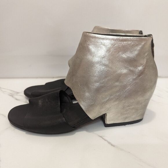 Settima Silver Black Leather Missile Chunky Heeled Sandals Made in Italy 36.5